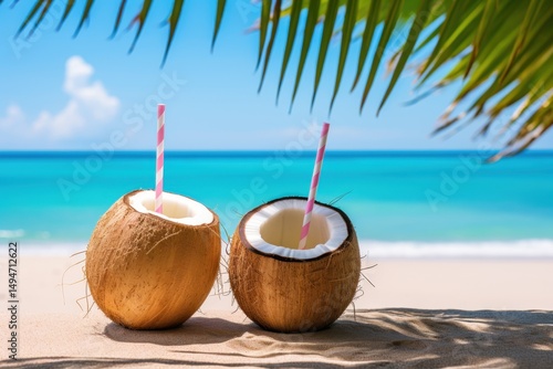 Wallpaper Mural Two coconuts with straws on a sandy beach under palm leaves by a turquoise ocean. Torontodigital.ca