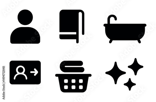 Essential bathroom solid icons set - filled, toiletries and hygiene symbols