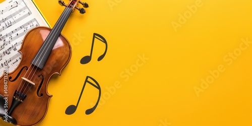 Close-up of a wooden violin and musical notes on a bright yellow background.