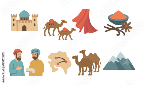 Silk road flat icons set – filled, linear, travel and trade symbols