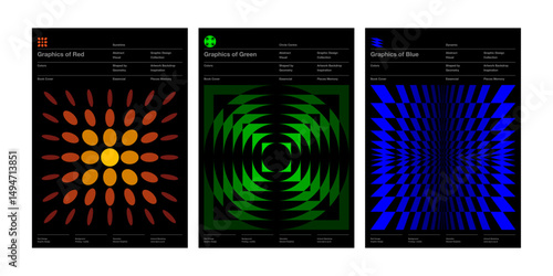 bold geometric poster set with red, green, and blue color systems retro futuristic abstract visual art for design templates or book cover backdrops banner front page annual pattern set