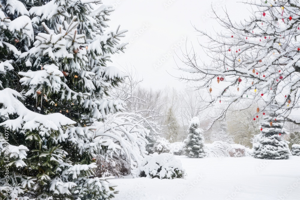 Fototapeta premium Serene winter landscape with snow-covered trees and bright red berries.