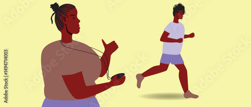 Black Personal trainer guiding a African-American runner through a customized workout, including cardio, inclusive vector stock illustration
