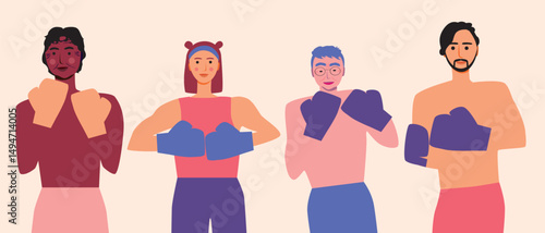 Feature diverse models boxing to build strength, endurance, and coordination, flat vector stock illustration with people in boxing gloves