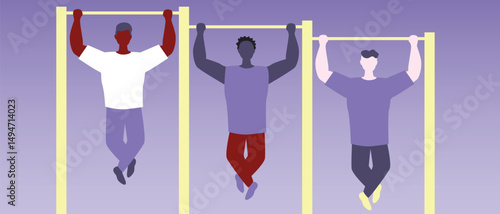 Diverse people including African-American, Latin American, Asian or Chinese doing free weight exercises, flat vector stock illustration with bodybuilders