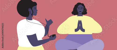 Black Personal trainer guiding a African-American woman through a customized workout, including flexibility exercises or meditation, inclusive vector stock illustration