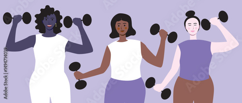 Female fitness with dumbbells for wellness, diverse people including African-American, Latin American, Asian or Chinese, flat vector stock illustration
