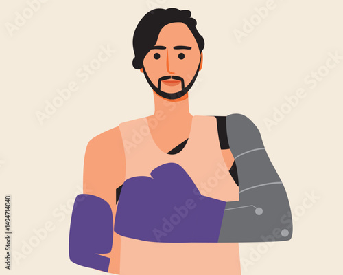 Inclusive man with prosthetic arm boxing to build strength, endurance, and coordination, flat vector stock illustration
