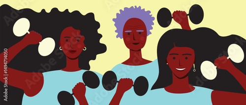 Female fitness with group of african american people with black skin, exercises with dumbbells, inclusive flat vector stock illustration