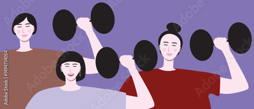 Female fitness with dumbbells for wellness, Southeast Asian exercises, Asian or Chinese bodybuilders activity, flat vector stock illustration