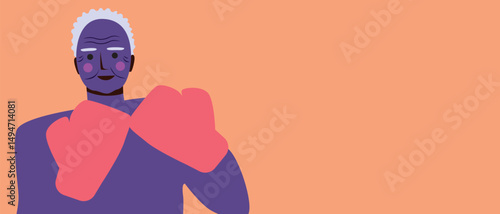 Senior African man with black skin boxing to build strength, endurance, and coordination, flat vector stock illustration as copy space template