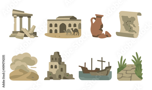 Ancient history flat icons set – filled, historical, archaeological symbols