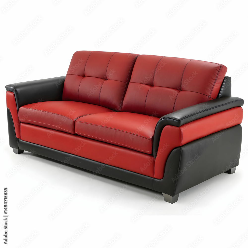 Fototapeta premium A modern red and black sofa isolated on white, combining bold colors with sleek, sophisticated design for a striking living room centerpiece.
