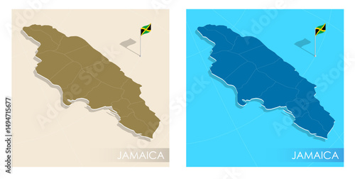 Jamaica country flag installed on geographic positioning map point of country territory. Jamaican commonwealth banner on land and sea. Festive patriotic HD format template for independence day