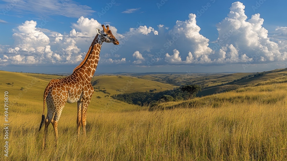 Fototapeta premium Giraffe in golden savanna landscape under a dramatic sky