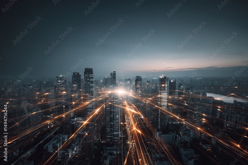 Obraz premium Futuristic digital cityscape with glowing network paths connecting urban skyline at dusk