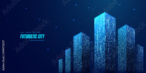 Futuristic digital city buildings on a technology blue background. Hologram of smart city. Night tech buildings. Modern town concept. Abstract 3D constructions of houses and offices. Vector landscape.