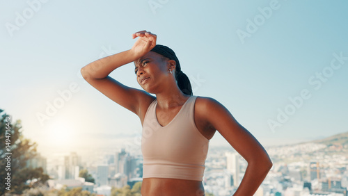 Φωτογραφία Tired, black woman and fitness with sweat in nature for workout, intense exercise or training