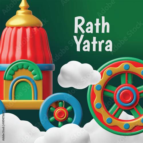3D poster of Ratha Yatra celebration with chariot and wheel in clouds on green background.