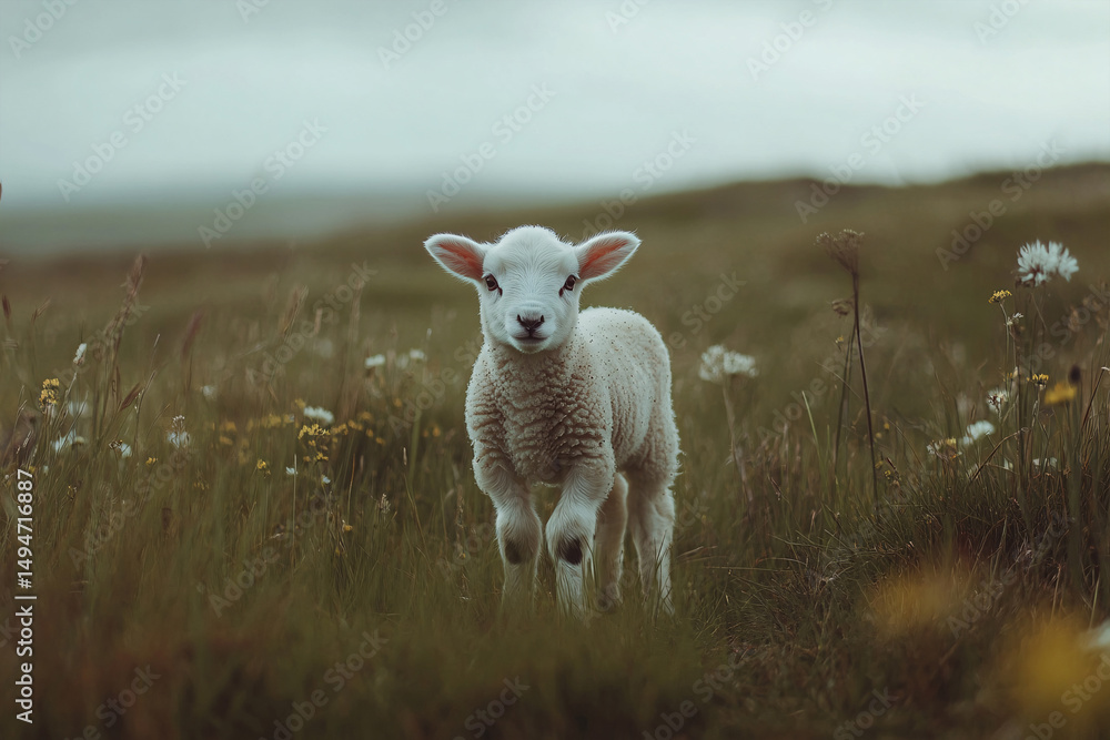 Obraz premium Young white lamb standing on meadow with grass and flowers
