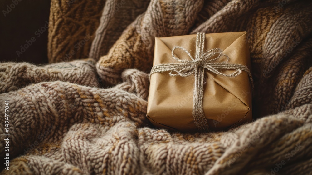 Wrapped gift on cozy knitted blanket creating a warm and inviting atmosphere for any occasion Wrapped gift on cozy knitted blanket creating a warm and inviting atmosphere for any occasion