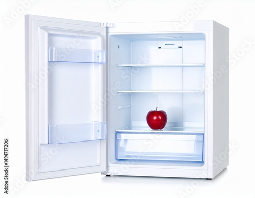 A fresh red Envy apple isolated on a white background, and another placed inside a refrigerator with a clean, well-lit environment — showcasing freshness and storage.