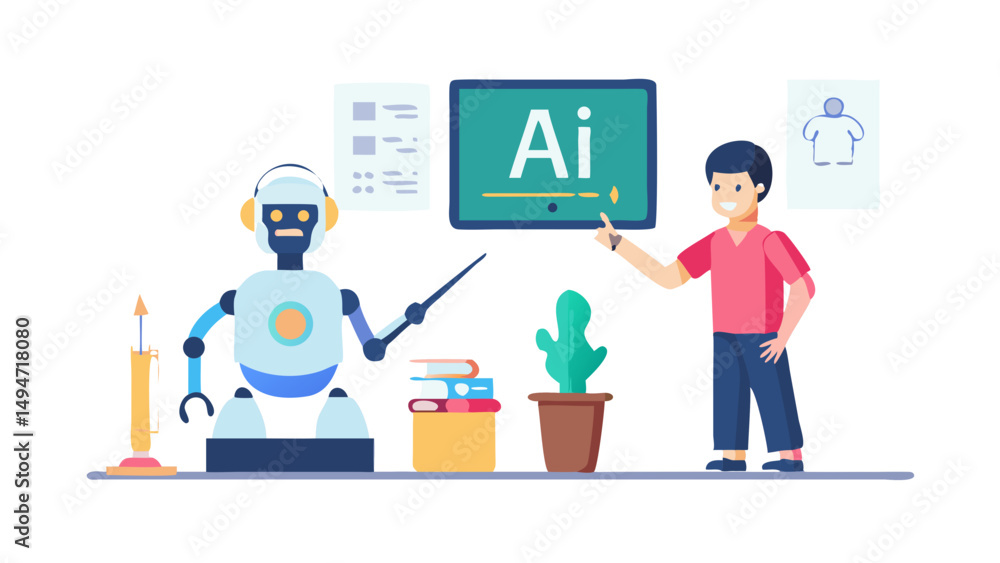 AI technology in education. Robot assist teacher by lesson. Character use artificial intelligence generative tools for learning, teaching, exam preparation, educational program. AI technology in education. Robot assist teacher by lesson. Character use artificial intelligence generative tools for learning, teaching, exam preparation, educational program.