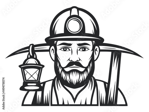 Monochrome Miner Portrait with Pickaxe and Lamp Illustration - Adobe Stock Ready [145]                                                                