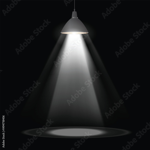 Vector illustration of switched on ceiling lamp with lampshade and light beam.