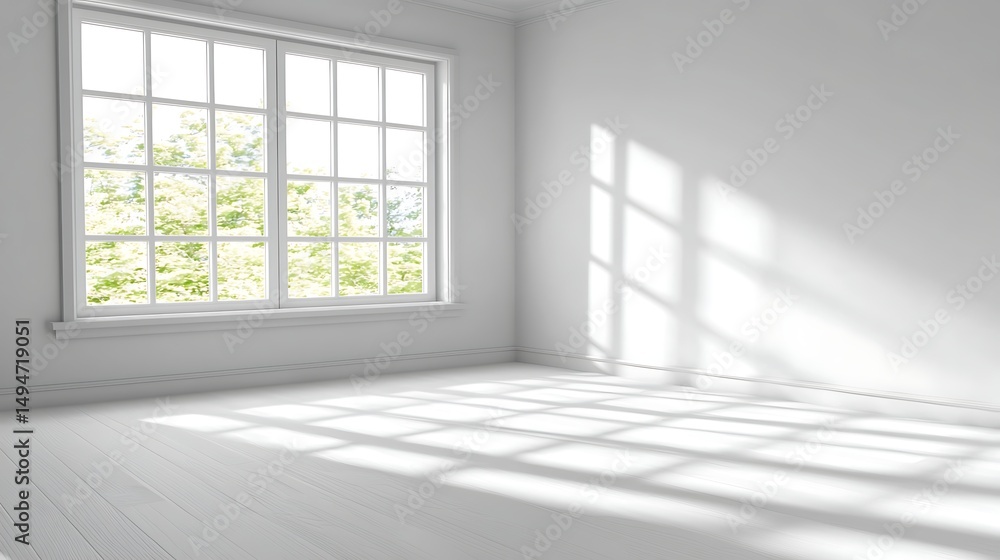 Fototapeta premium Bright and Empty Room with Large Windows Casting Shadows on White Walls and Floors