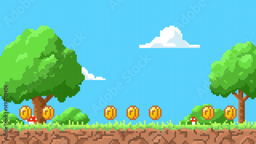 Pixel art game background with ground, grass, trees, fly agaric, blue sky, vector 8 bit video game landscape, gold coins
