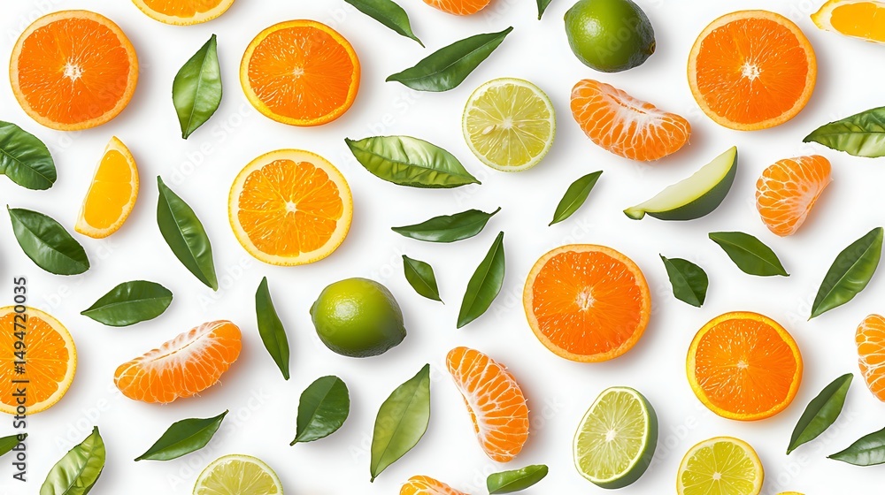 Colorful Citrus Fruits and Fresh Green Leaves Artfully Arranged on Bright White Background Colorful Citrus Fruits and Fresh Green Leaves Artfully Arranged on Bright White Background