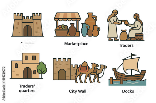 Ancient civilization outline icons set – historical, flat, culture symbols