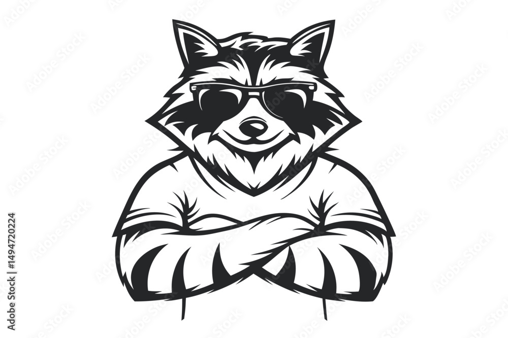 Obraz premium Cool Raccoon Mascot in Sunglasses, Black and White Illustration for Graphic Design, Logo, Apparel, Prints, and Vector Art Projects. 