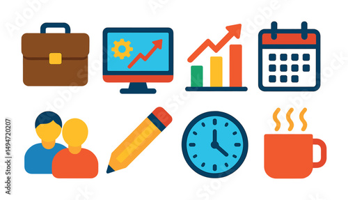 Business and productivity flat icons set – office, work, efficiency symbols