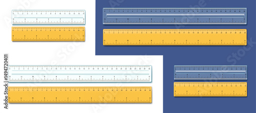 realistic plastic yellow normal rulers and white transparent rulers isolated on white and blue background vector illustration.school and education concept clip art design.