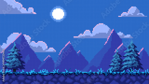 Pixel art game background with ground, mountains, fir trees, full moon light on sky, vector 8 bit video game landscape
