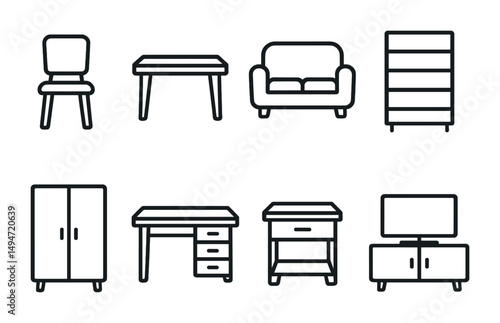 Furniture outline icons set – flat, solid, home decor and interior design symbols