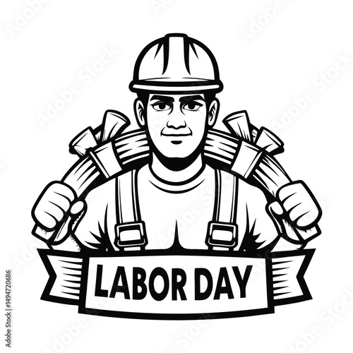 Labor Day Construction Worker Graphic with Lumber in Black and White, Vector Illustration                                                             