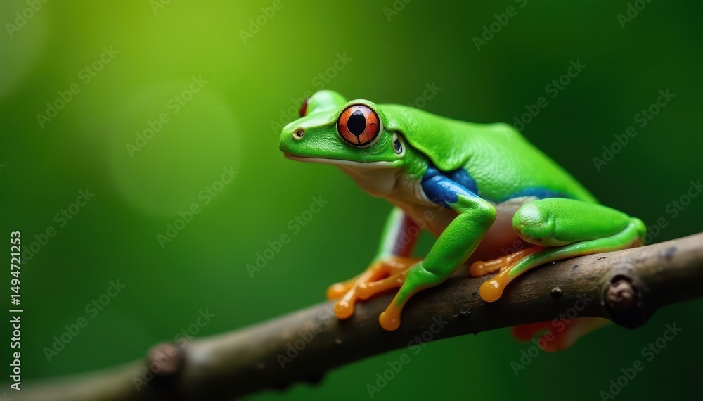 Naklejka premium Close-up of a vibrant green tree frog perched on a branch, tropical, tree frog