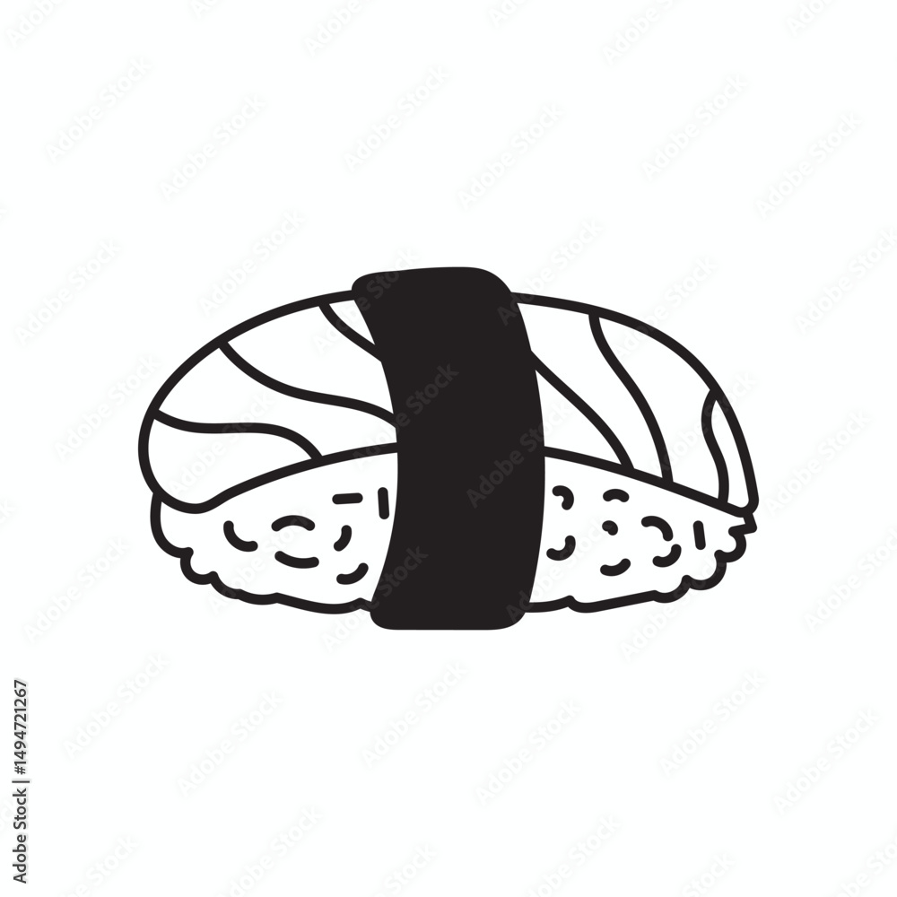Fototapeta premium Sushi Delight: A minimalist line drawing of a single piece of nigiri sushi, featuring a fresh salmon topping, perfectly captures the essence of Japanese cuisine