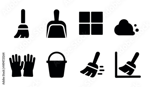 Cleaning tools silhouette icons set – solid, filled, housekeeping and janitorial graphics