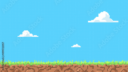 Pixel art game background with ground, grass, blue sky and clouds, vector cartoon summer day landscape 8 bit arcade game