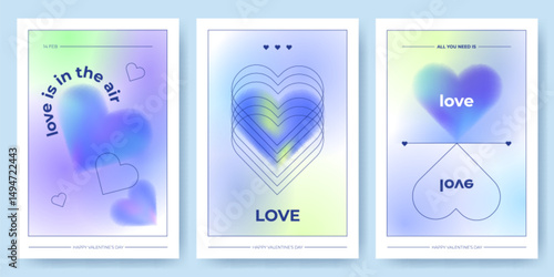 Gradient heart illustrations for Valentine Day cards - soft blurry holographic backgrounds, contour romance shapes, motivational love quotes. Y2k aesthetic holiday design templates collection.