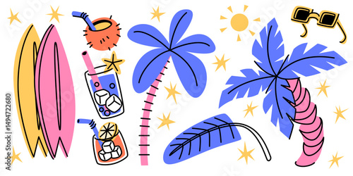 Retro tropical sticker set - surfboards and cocktails glasses, palm trees with leaves under sun, sunglasses and decorative sparkles. Funky colorful doodles for summer fun beach vibes decoration.