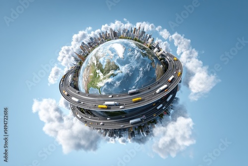 Wallpaper Mural Earth surrounded by a swirling highway with vehicles, set against a bright blue sky and fluffy clouds, representing global connectivity and modern transportation concepts Torontodigital.ca