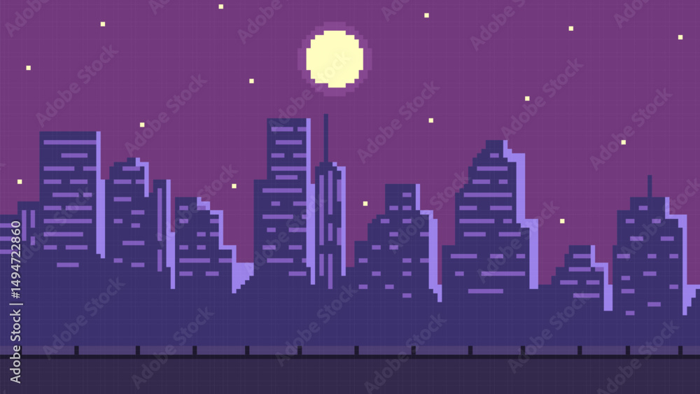 Naklejka premium Pixel art night cityscape 8 bit video game background, vector dark skyscrapers silhouette, full moon light on starry sky