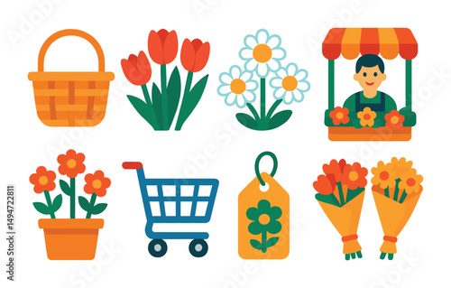 Floral market flat icons set – spring, gardening, and shopping symbols collection