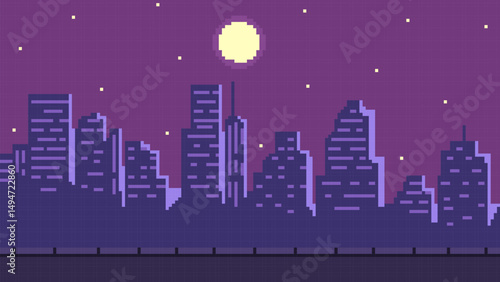 Pixel art night cityscape 8 bit video game background, vector dark skyscrapers silhouette, full moon light on starry sky