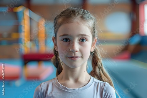 High Definition Visual of Happy Girl Gymnast Standing in Gym During Practice Workout